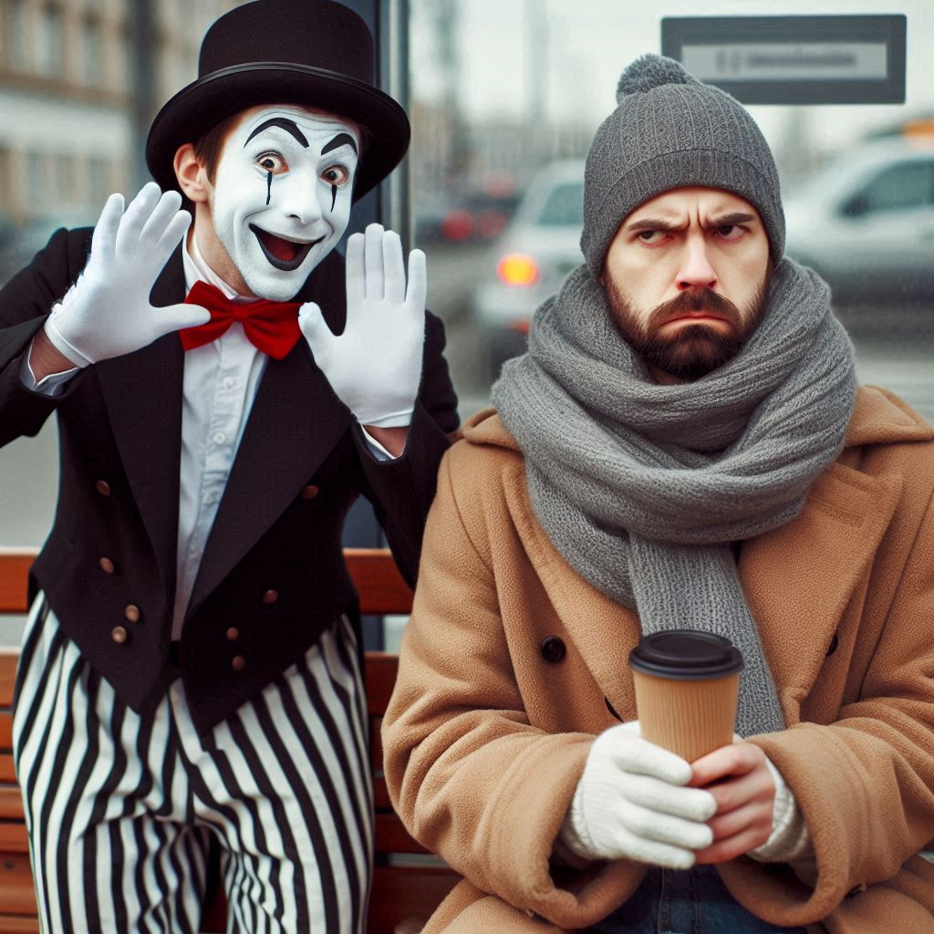 A mime annoying a cold man at the bus stop.;
A mime story
© Jay Schankman 2024