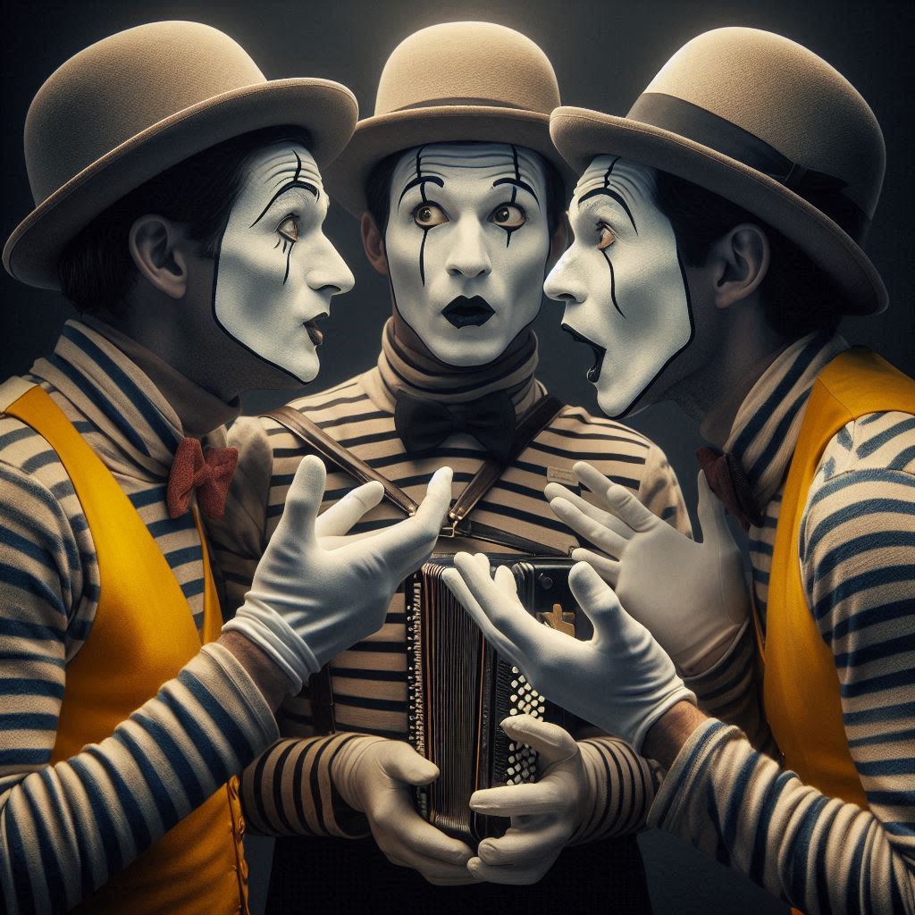 Three mimes miming about the upcoming convention.

A mime story
© Jay Schankman 2024