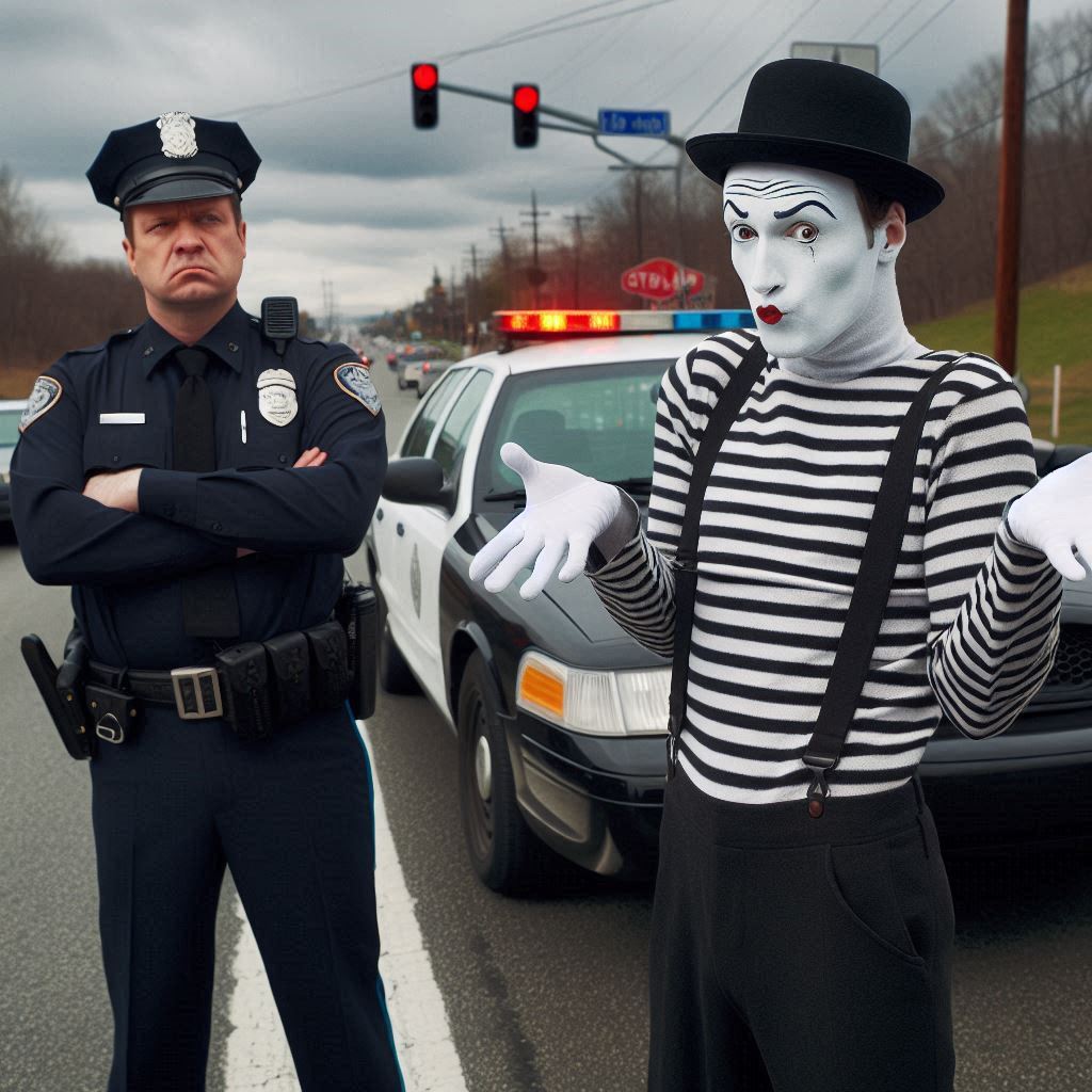 A mime annoying a cop at a traffic stop.
A mime story
© Jay Schankman 2024
