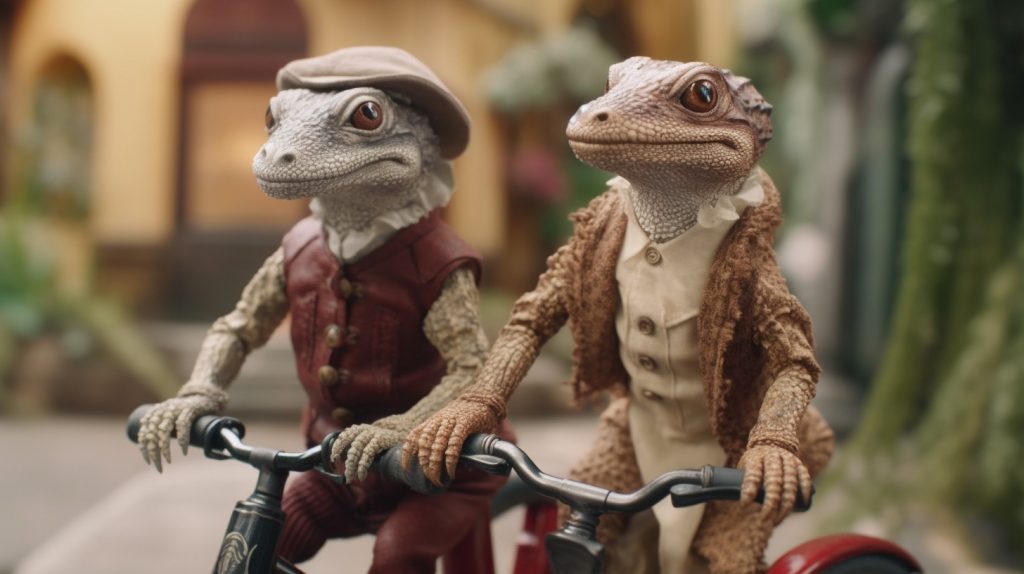 Lizards waiting at the train station. Midjourney 5