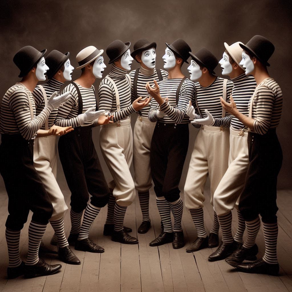 A large group of mimes miming about the upcoming conventiion.

A mime story
© Jay Schankman 2024