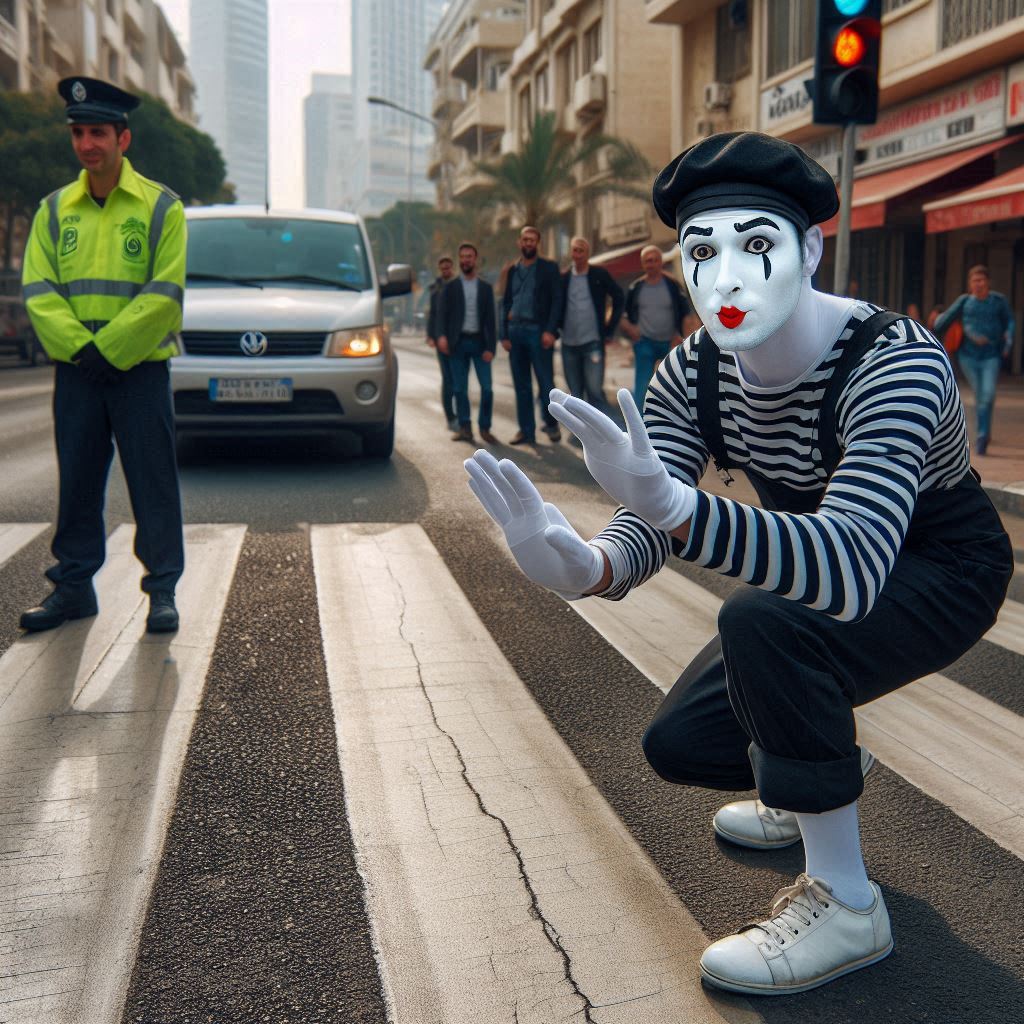 A mime acting as traffic cop.;
A mime story
© Jay Schankman 2024