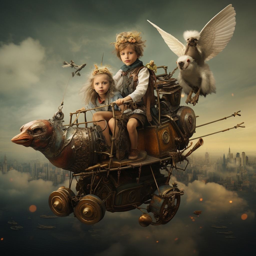 On The Wings Of Angels - Children in  the hereafter riding Steampunk time machines.