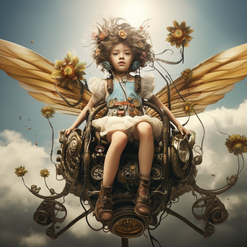 On The Wings Of Angels - Children in  the hereafter riding Steampunk time machines.