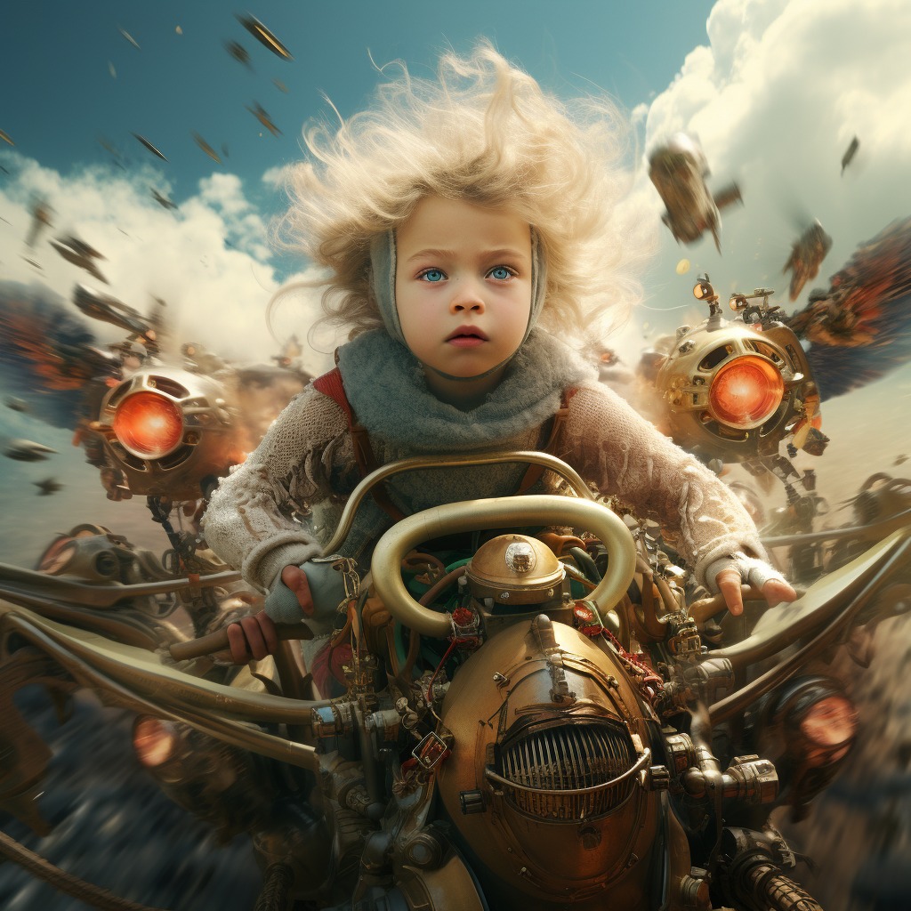 On The Wings Of Angels - Children in  the hereafter riding Steampunk time machines.