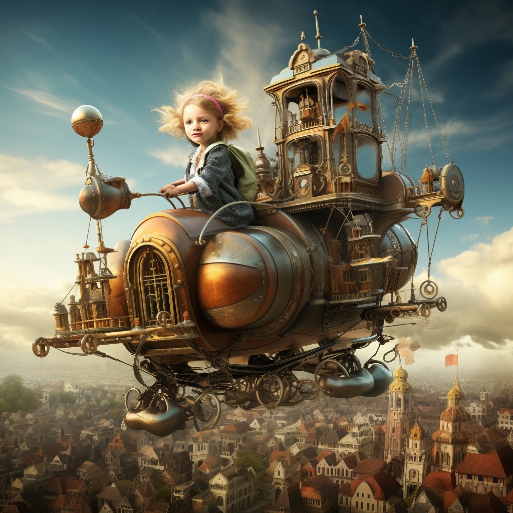 On The Wings Of Angels - Children in  the hereafter riding Steampunk time machines.