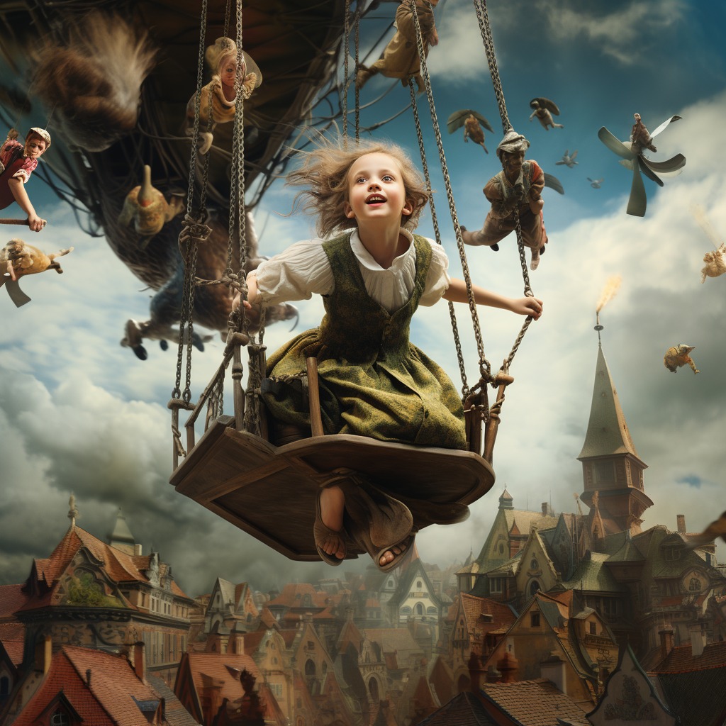 On The Wings Of Angels - Children in  the hereafter riding Steampunk time machines.