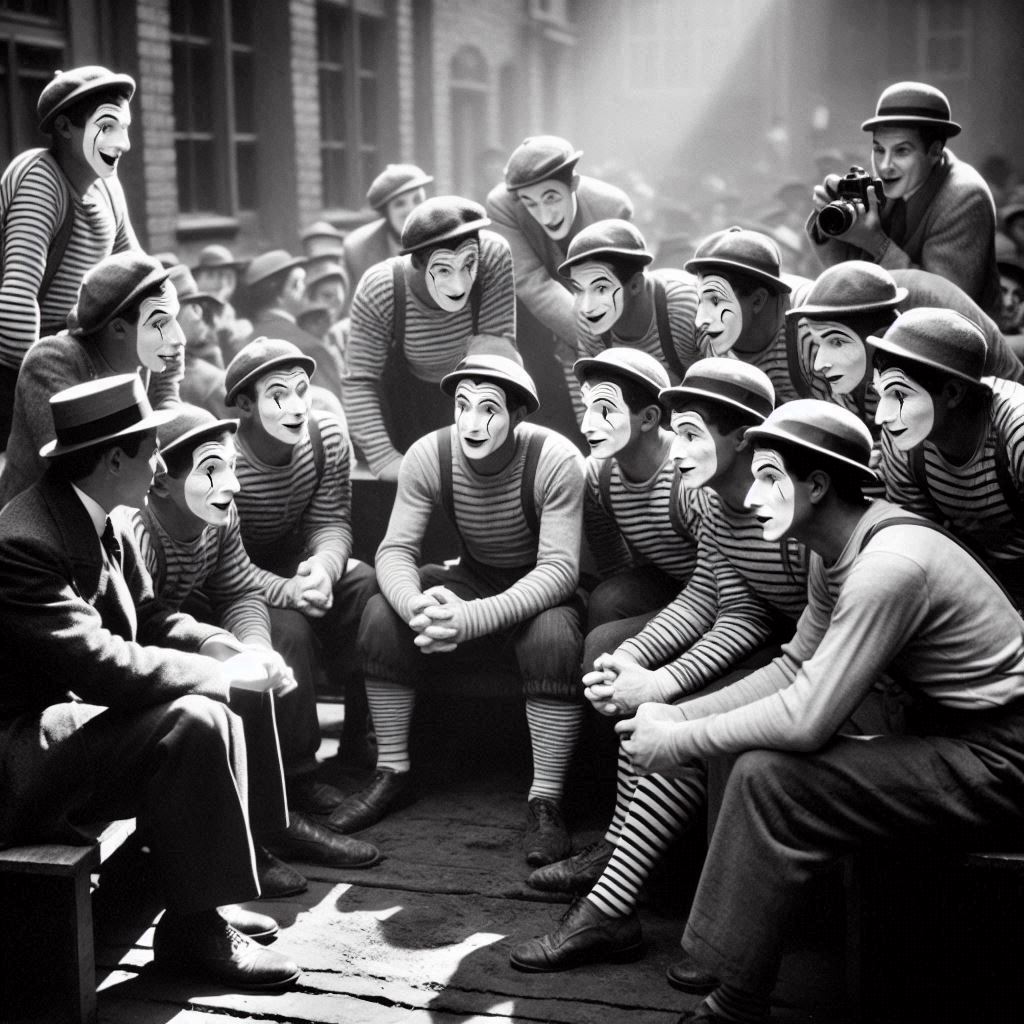 A large group of mimes miming about the upcoming conventiion.

A mime story
© Jay Schankman 2024