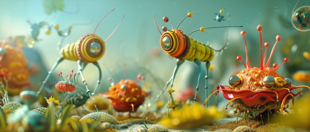 psychedelic creatures walk surreal landscapes