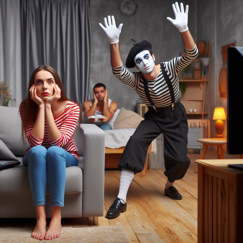 Mime performing in hallway at home, woman looking annoyed.

A mime story
© Jay Schankman 2024