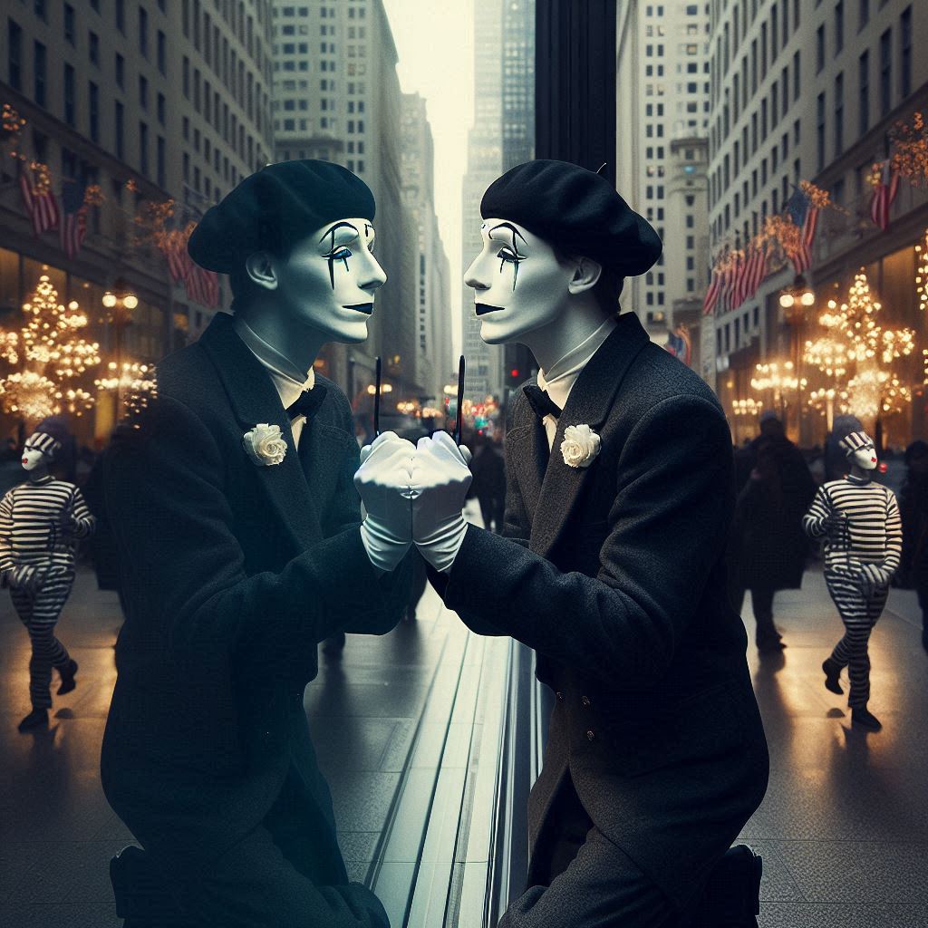 Mime performing in a shiny office building downtown.

A mime story
© Jay Schankman 2024