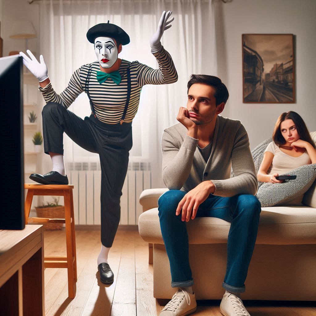 Mime in the room, siblings are  looking annoyed.

A mime story
© Jay Schankman 2024