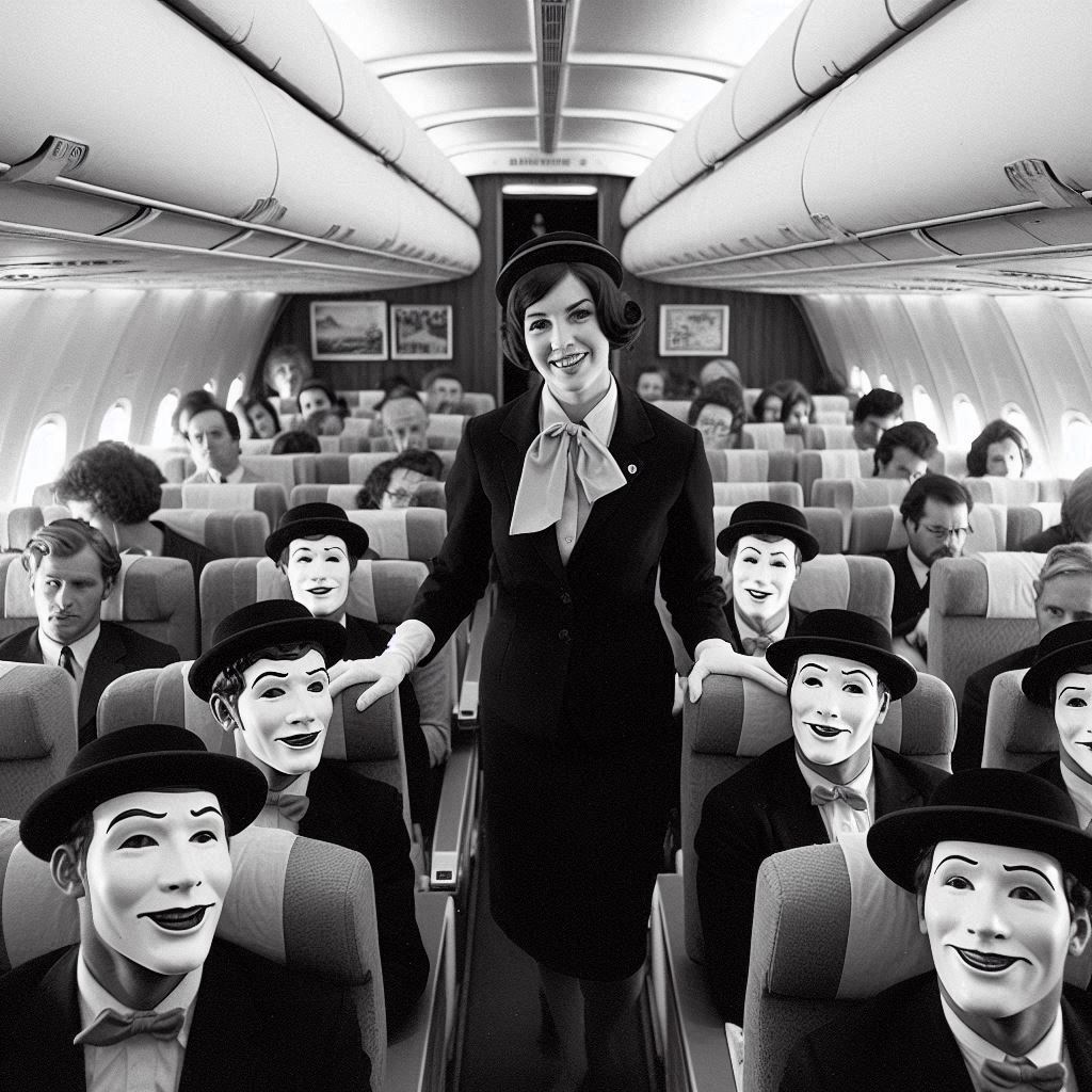 A large group of mimes miming on a plane.

A mime story
© Jay Schankman 2024