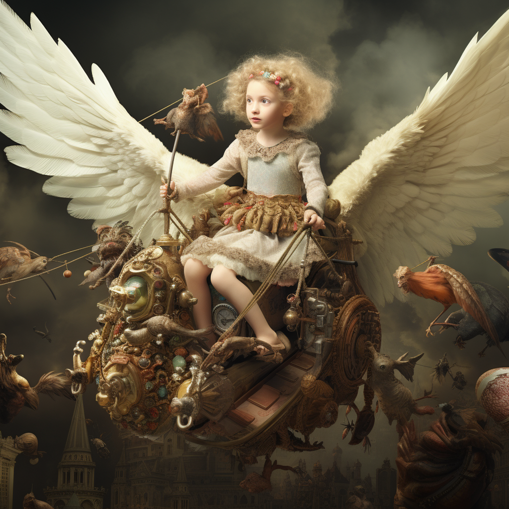 On The Wings Of Angels - Children in  the hereafter riding Steampunk time machines.