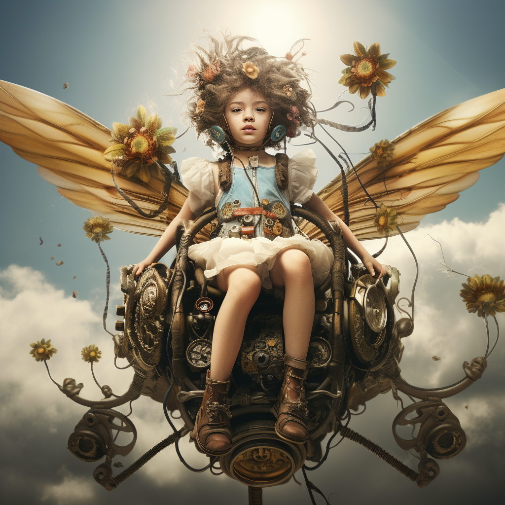 On The Wings Of Angels - Children in  the hereafter riding Steampunk time machines.