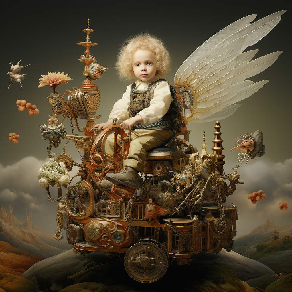 On The Wings Of Angels - Children in  the hereafter riding Steampunk time machines.