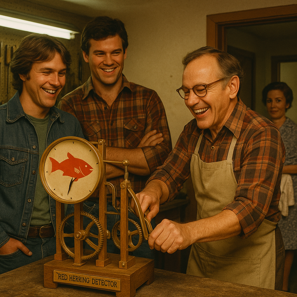Malphus cranks a leather-belted pulley on his “Red Herring Detector".
