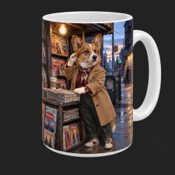 Cory Corgi tending a late-1980s neighborhood newsstand on a 15 oz Sup Dawggs mug