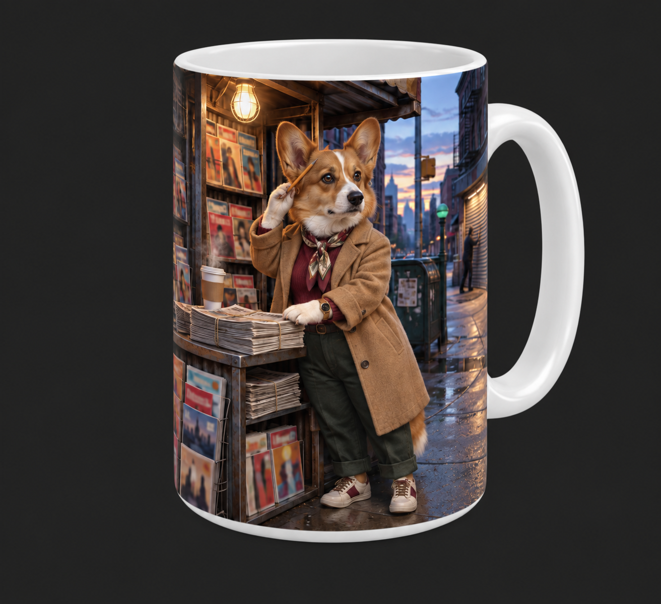 Cory Corgi tending a late-1980s neighborhood newsstand on a 15 oz Sup Dawggs mug