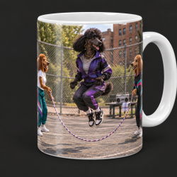 Padoodle Poodle jumping double-dutch with her late-1980s neighborhood court crew on a 15 oz Sup Dawggs mug
