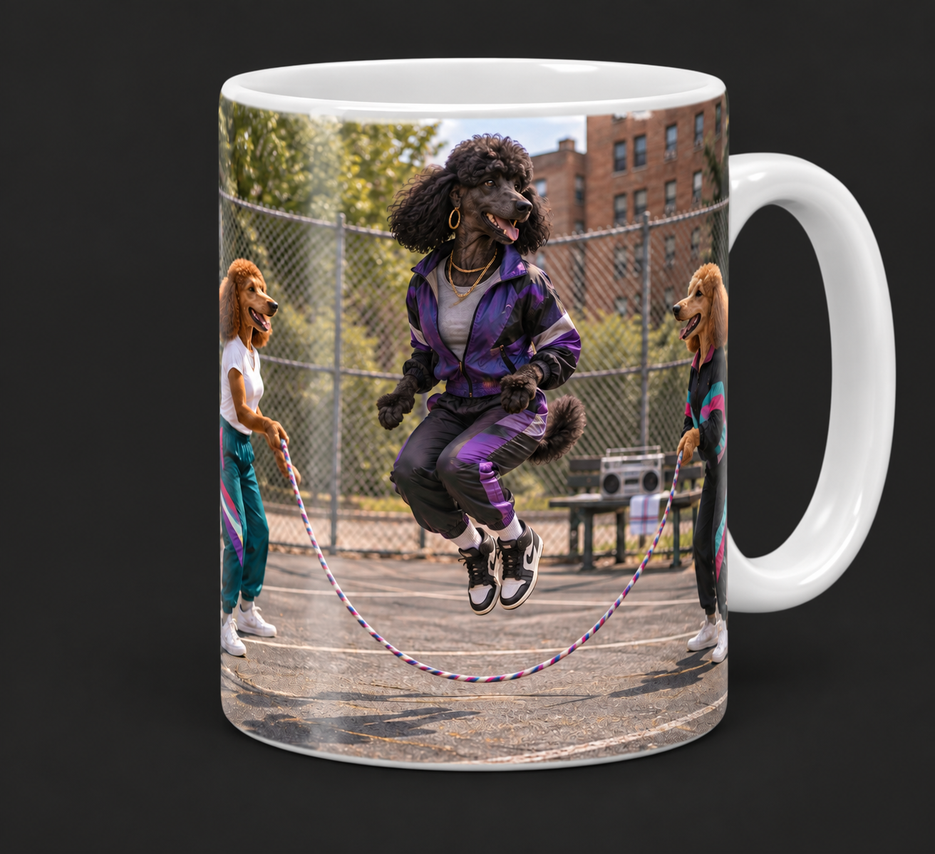Padoodle Poodle jumping double-dutch with her late-1980s neighborhood court crew on a 15 oz Sup Dawggs mug