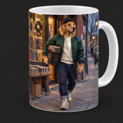 Spinning Gold Golden Retriever carrying a crate of vinyl outside a late-1980s neighborhood record shop on a 15 oz Sup Dawggs mug
