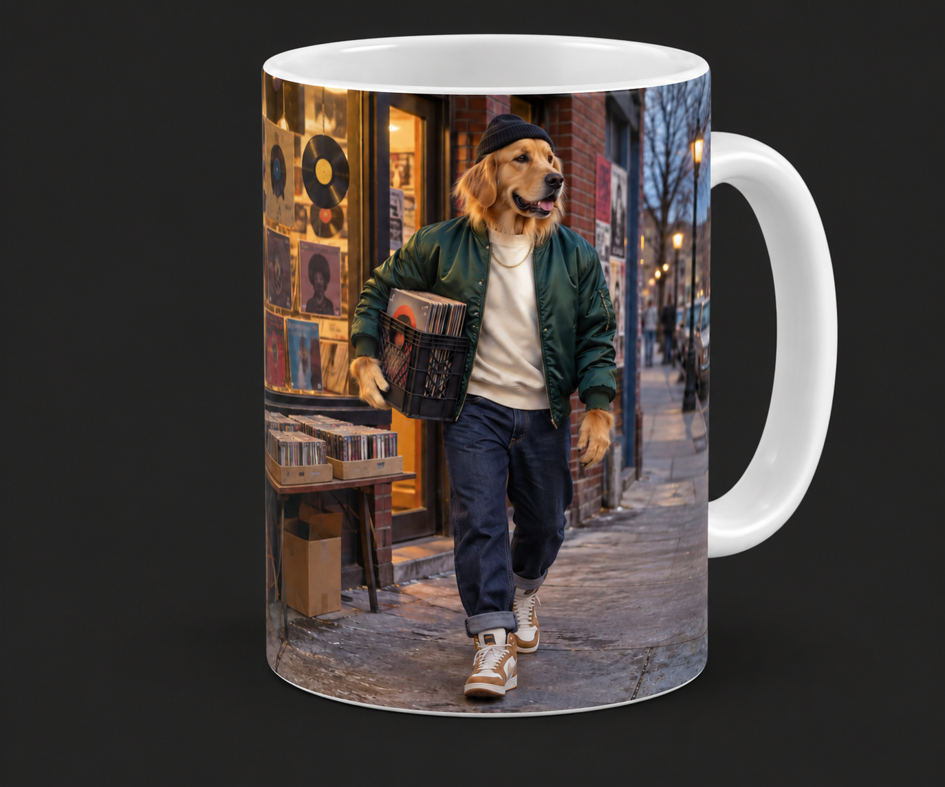 Spinning Gold Golden Retriever carrying a crate of vinyl outside a late-1980s neighborhood record shop on a 15 oz Sup Dawggs mug
