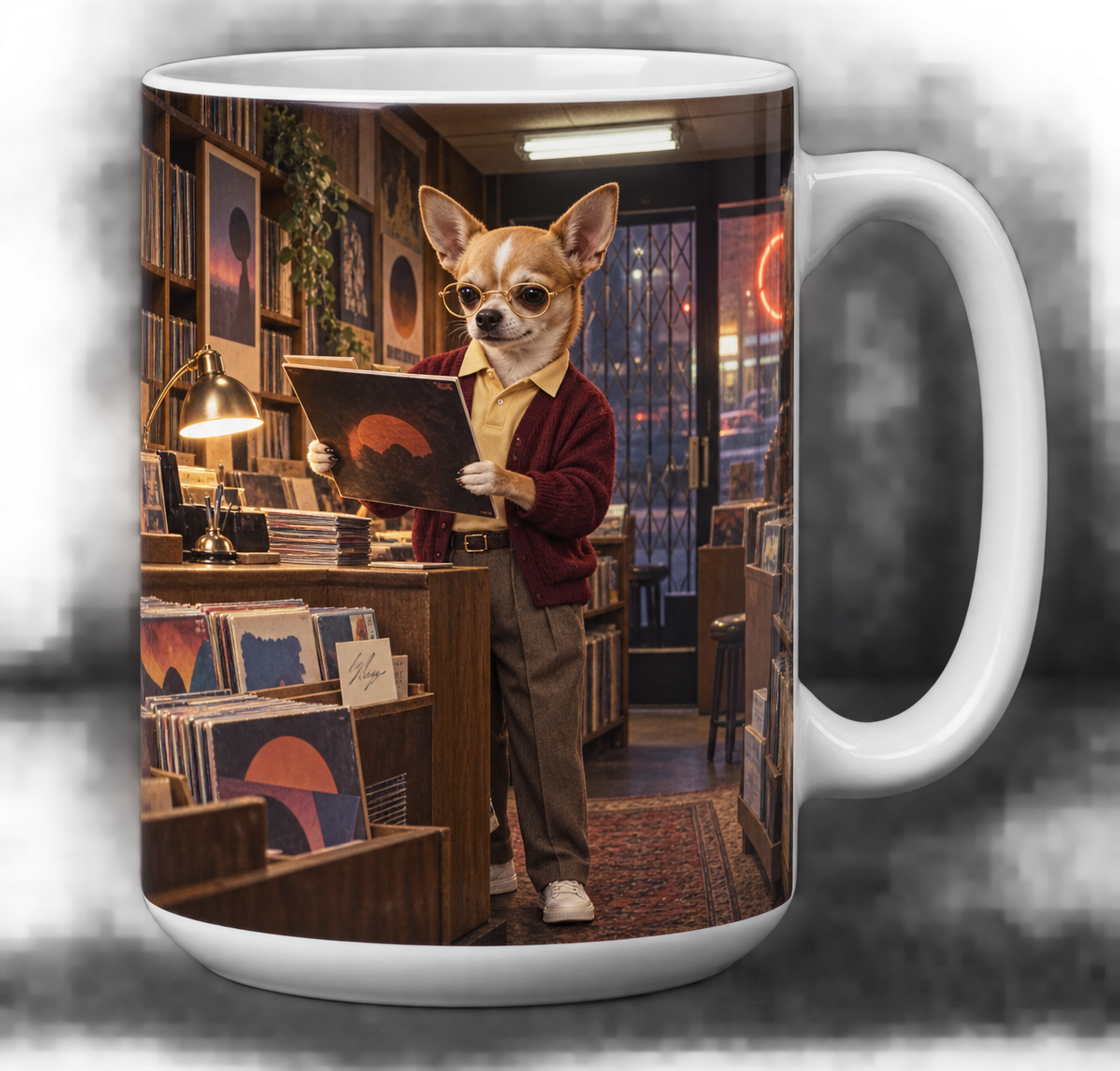 Charlie Chi Chihuahua record shop owner on a 15 oz Sup Dawggs mug