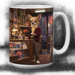 Charlie Chi Chihuahua record shop owner on a 15 oz Sup Dawggs mug