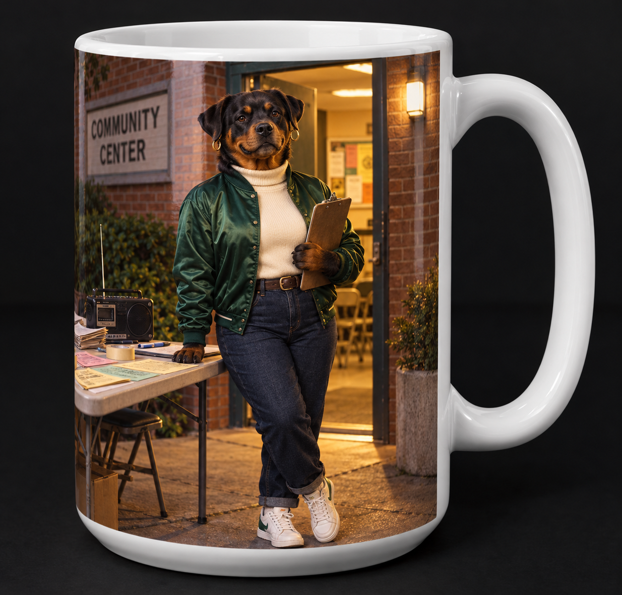 Roxie Rott Rottweiler community organizer on a 15 oz Sup Dawggs mug